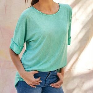 Soft Surroundings Medium Turquoise Grace Dolman Sleeve Rolled Cuff Sweater Tee